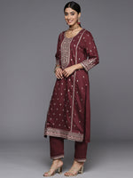 Thumbnail for Varanga Women Maroon Embroidered Kurta Paired With Tonal Bottom And Dupatta - Distacart