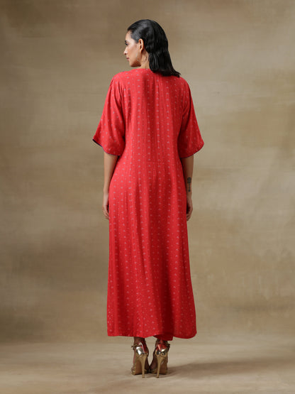 trueBrowns Red Bandhani Printed Silk Long Kurta Pant Set - Distacart