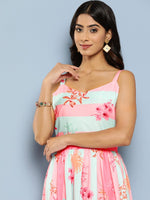 Thumbnail for Ahalyaa Striped Floral Print Crepe Maxi Ethnic Dress - Distacart