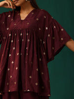 Thumbnail for trueBrowns Wine Diamond Viscose Silk Waist Sleeve Gathered Co-ord Set - Distacart