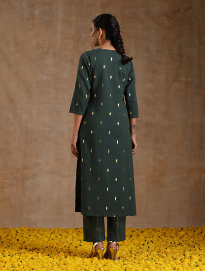 trueBrowns Dark Green Gold Cotton Yoke Kurta Set - Distacart