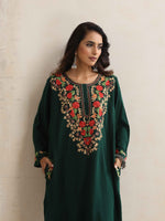 Thumbnail for trueBrowns Green Kashmiri Floral Embroidered Woollen Phiran Kurta - Distacart
