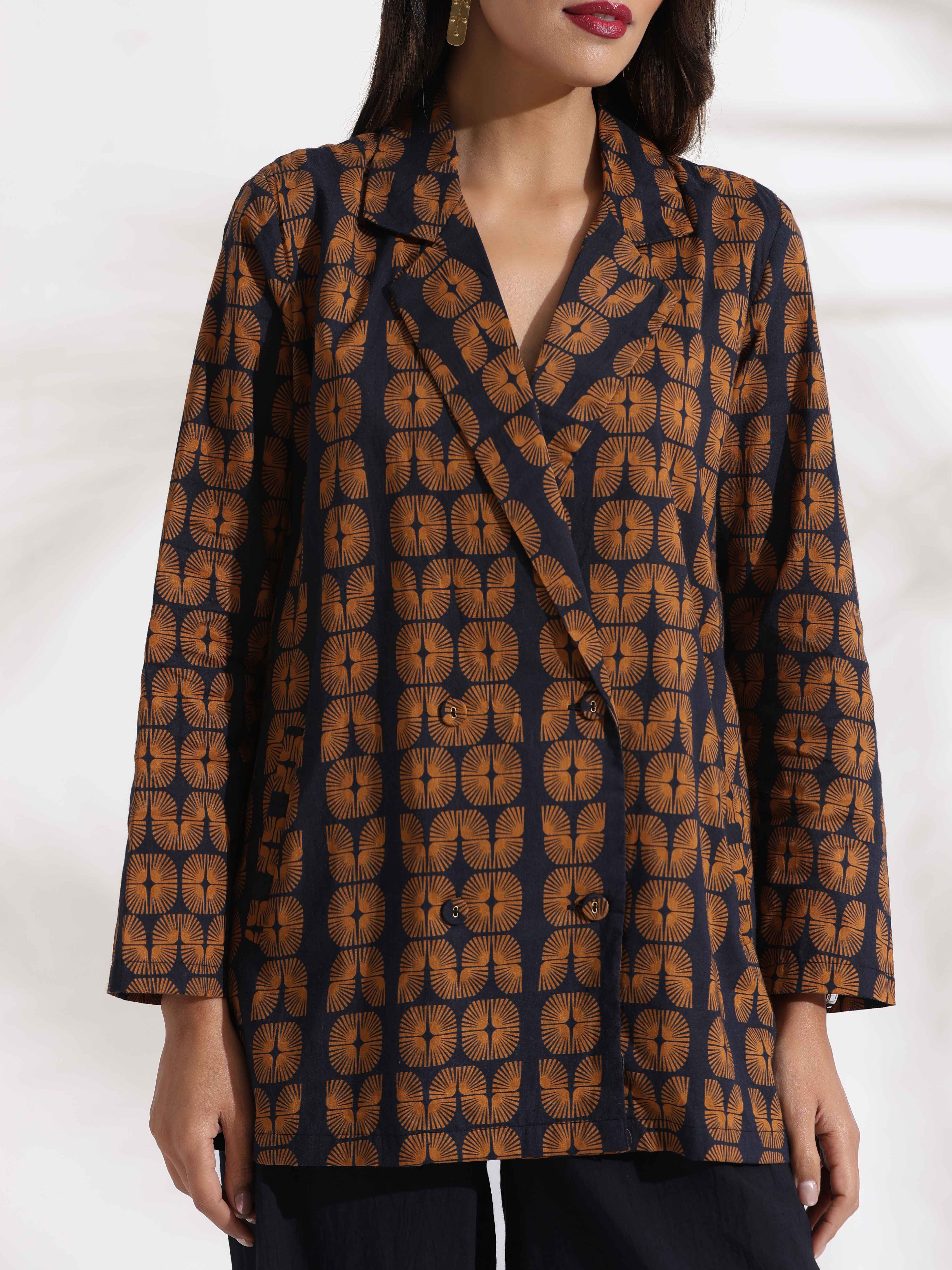 trueBrowns Black Cotton Print Jacket Top Co-ord Set