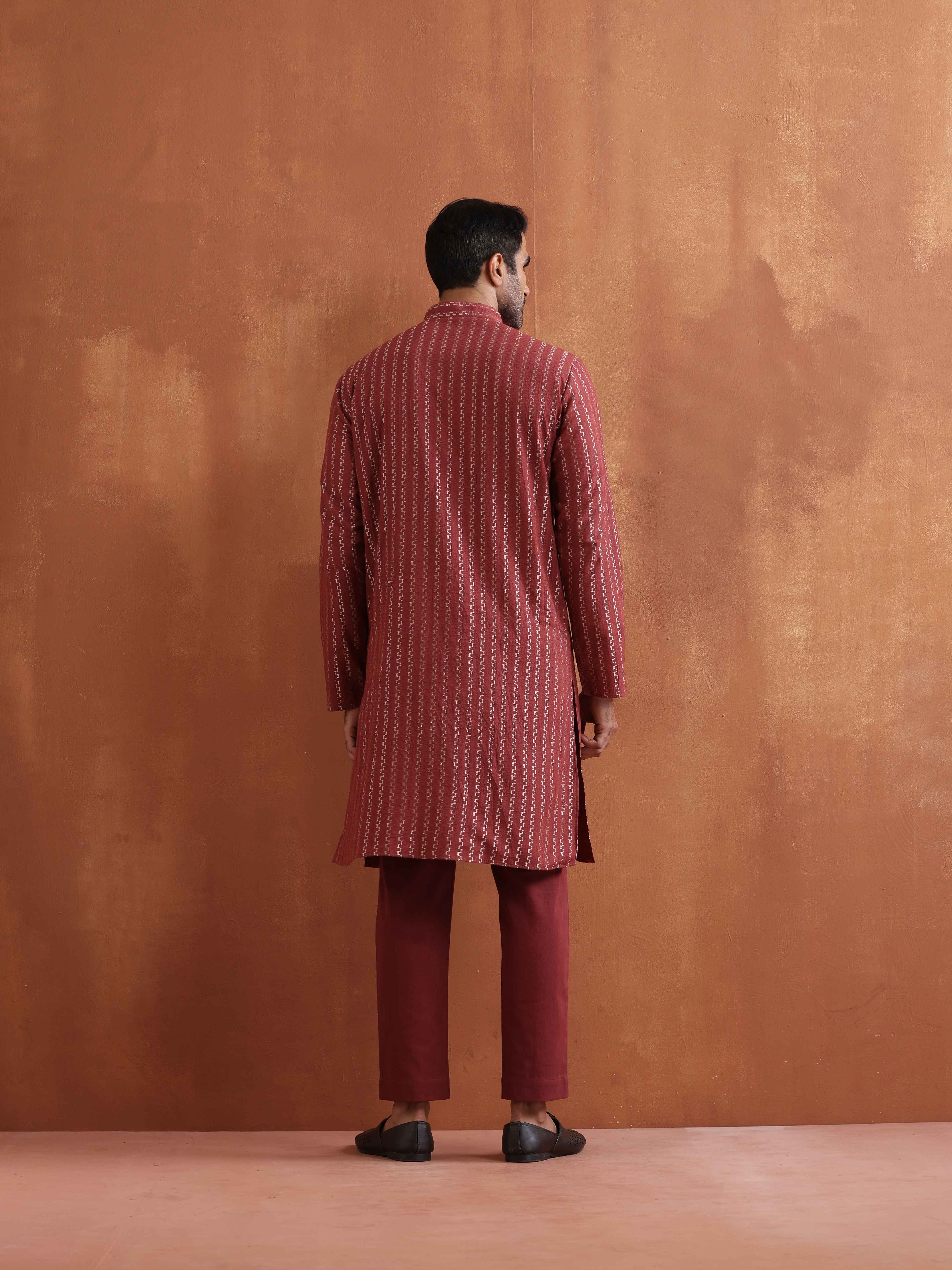 trueBrowns Men's Rust Cotton Dobby Kurta