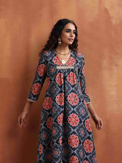 trueBrowns Black Ajrak Print Kurta Set - Distacart