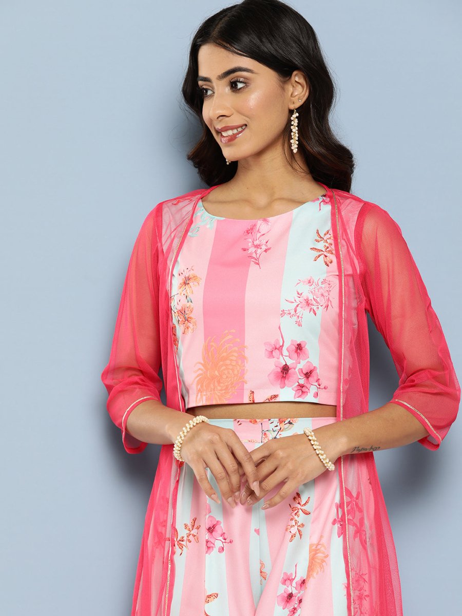 Ahalyaa Women Floral Printed Top with Palazzos & Shrug - Distacart