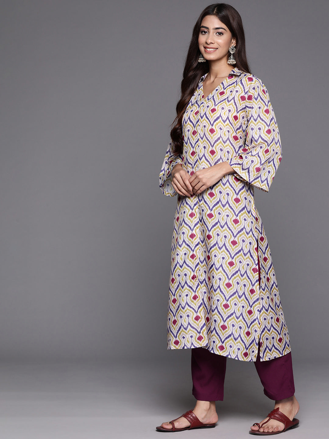 Varanga Women Off White Ikat Printed Shirt Collar Straight Kurta Paired With Violet Solid Bottom - Distacart