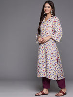 Thumbnail for Varanga Women Off White Ikat Printed Shirt Collar Straight Kurta Paired With Violet Solid Bottom - Distacart