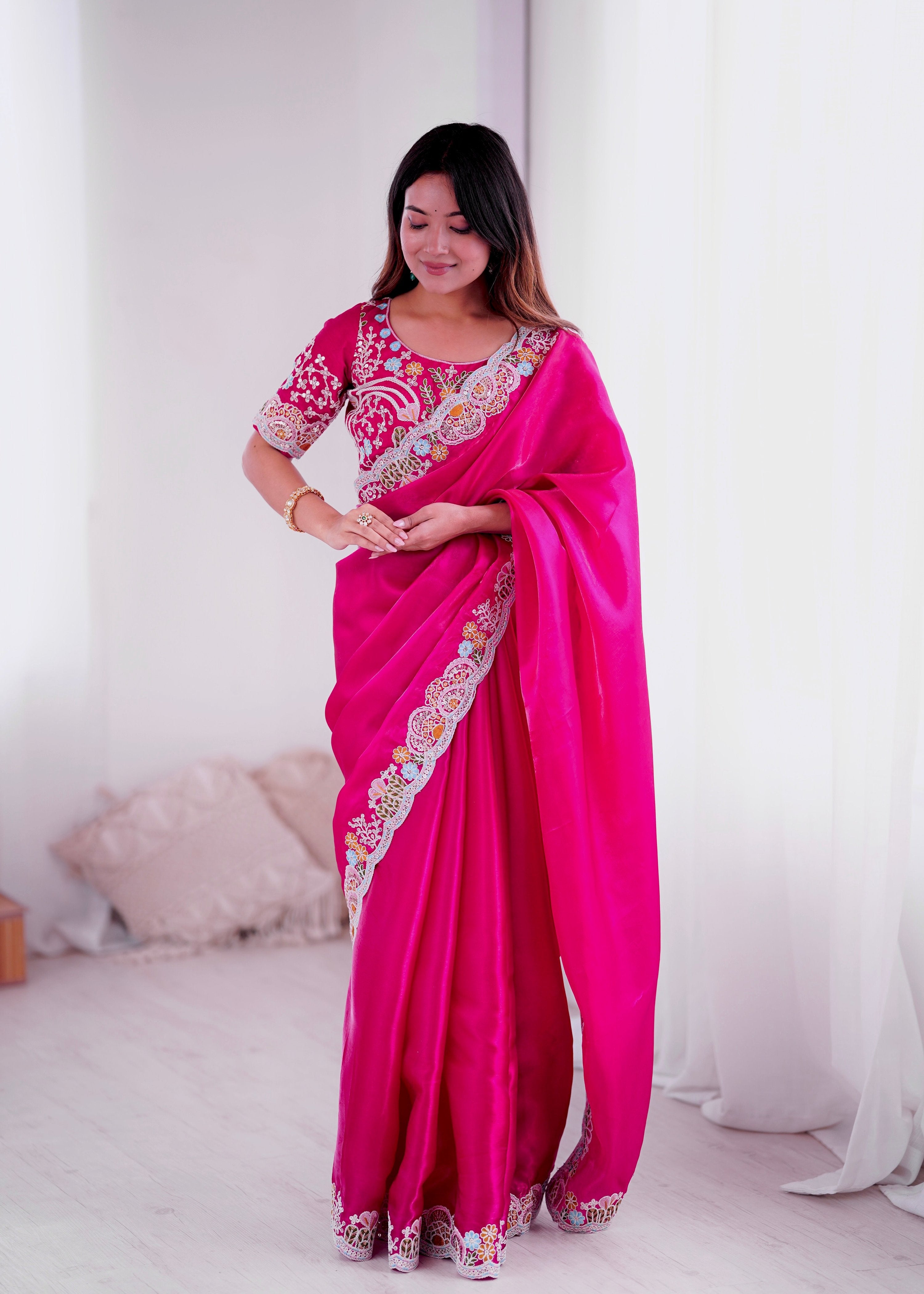 Lorenvalley Fashion Magenta Jimmy Choo with Embroidery Threads Codding & Sequins Work Saree with Blouse