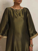 Thumbnail for trueBrowns Olive Green Tissue Flared Anarkali Kurta Set