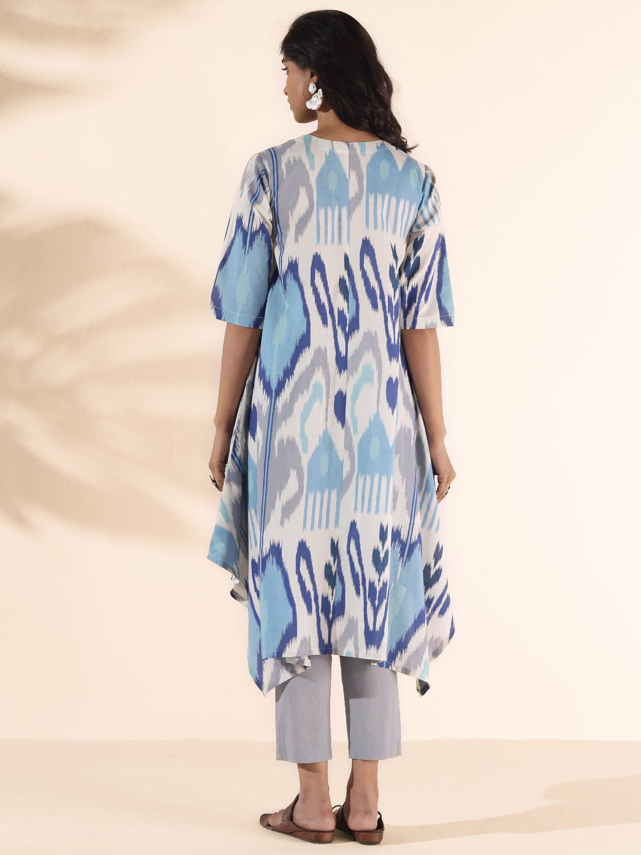 trueBrowns Blue Cotton Ikat Flared Kurta Pant Set - Distacart