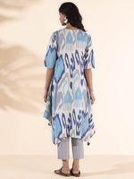 Thumbnail for trueBrowns Blue Cotton Ikat Flared Kurta Pant Set - Distacart