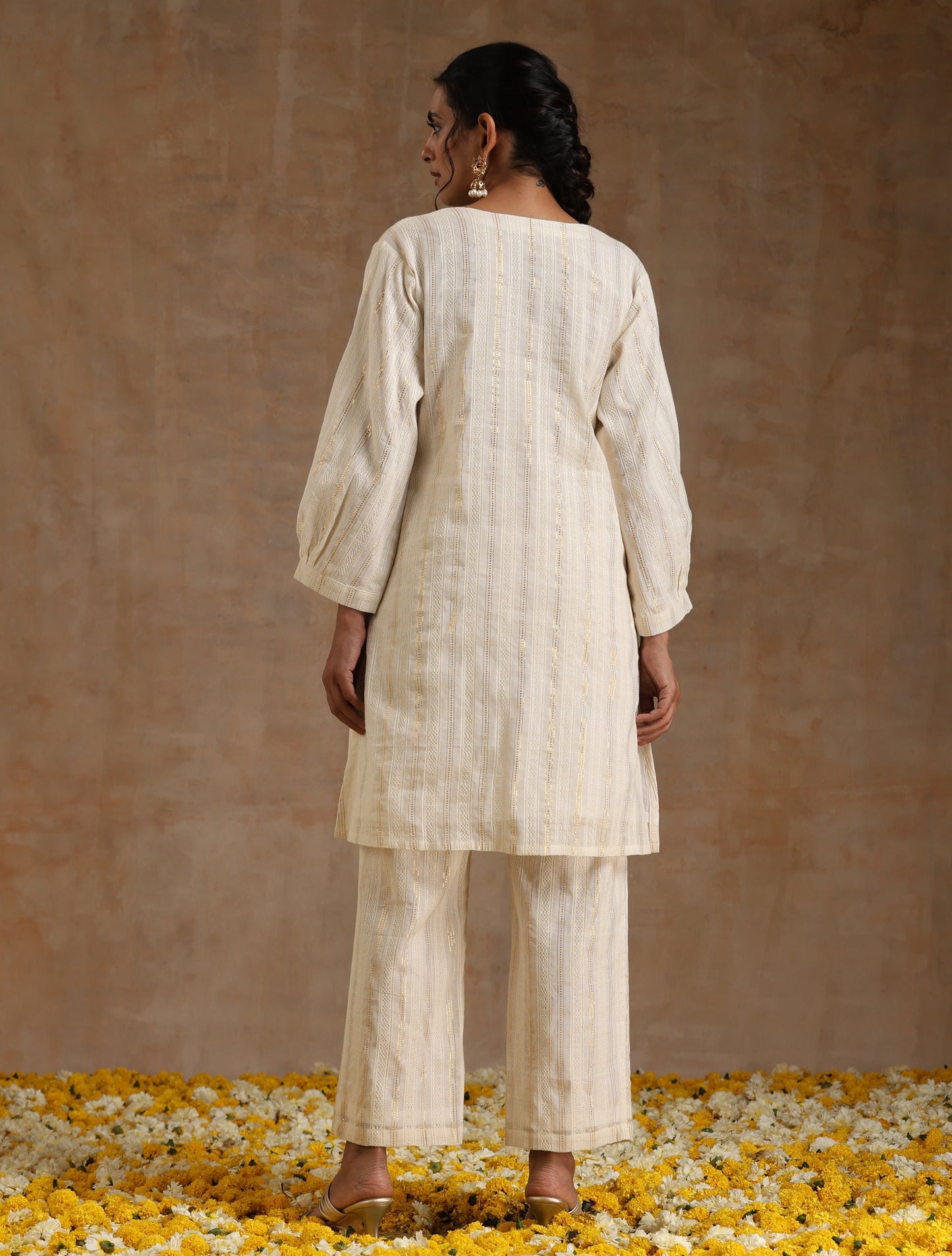 trueBrowns Ivory Gold Cotton Relaxed Co-Ord Set - Distacart