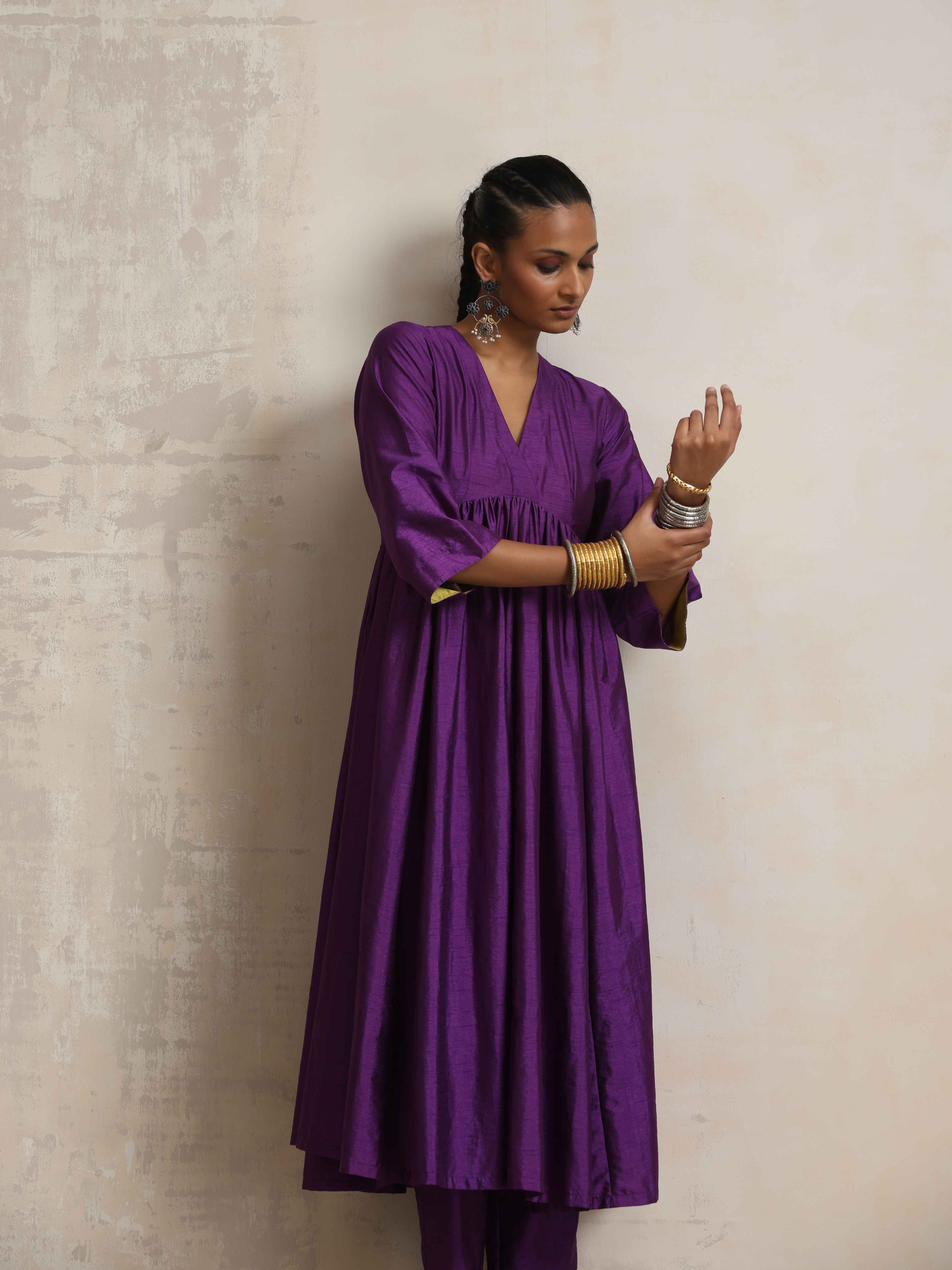 trueBrowns Purple Silk Anarkali Flared Kurta Set - Distacart