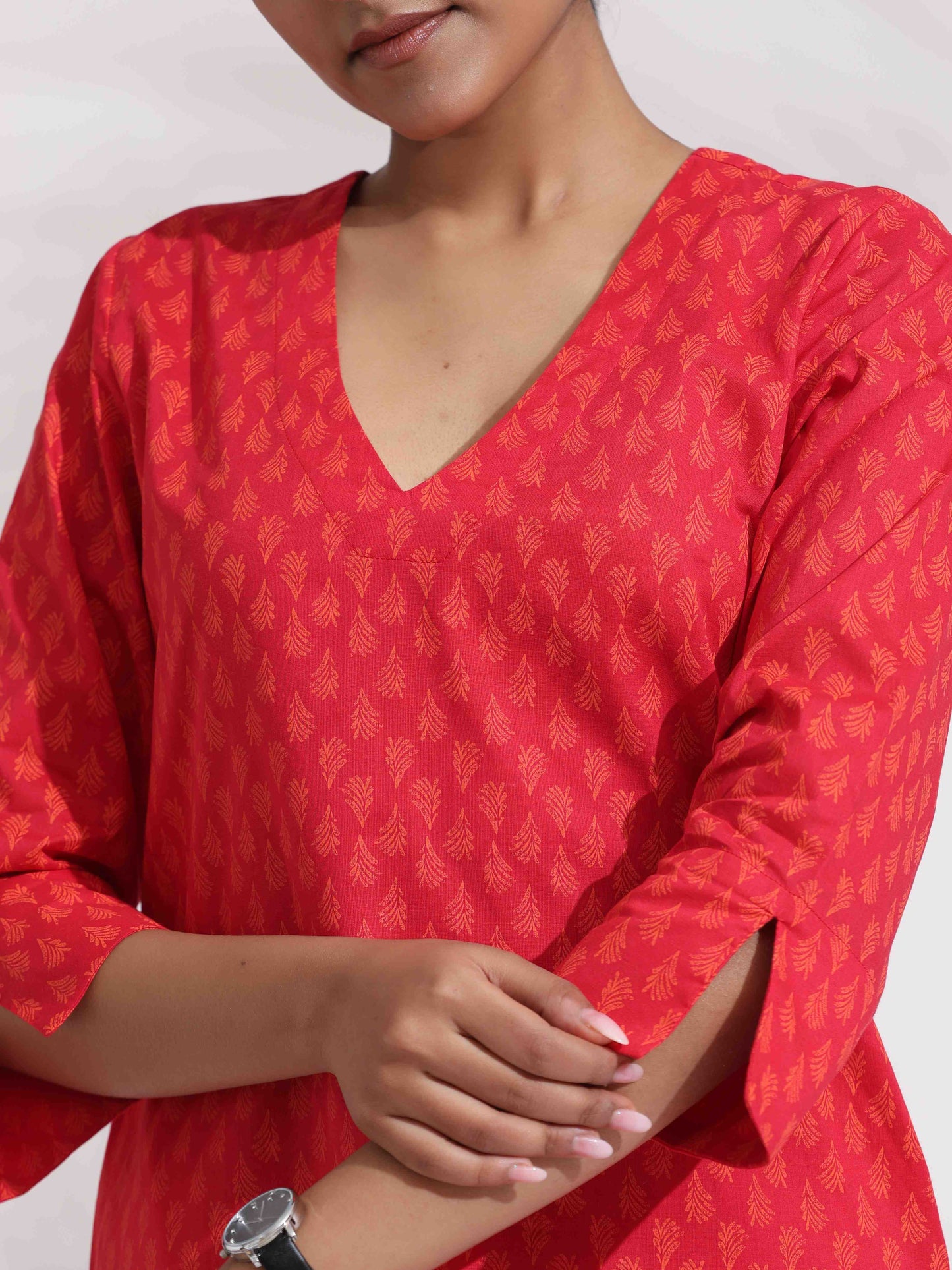 trueBrowns Red Cotton Print Kurta Co-ord Set - Distacart