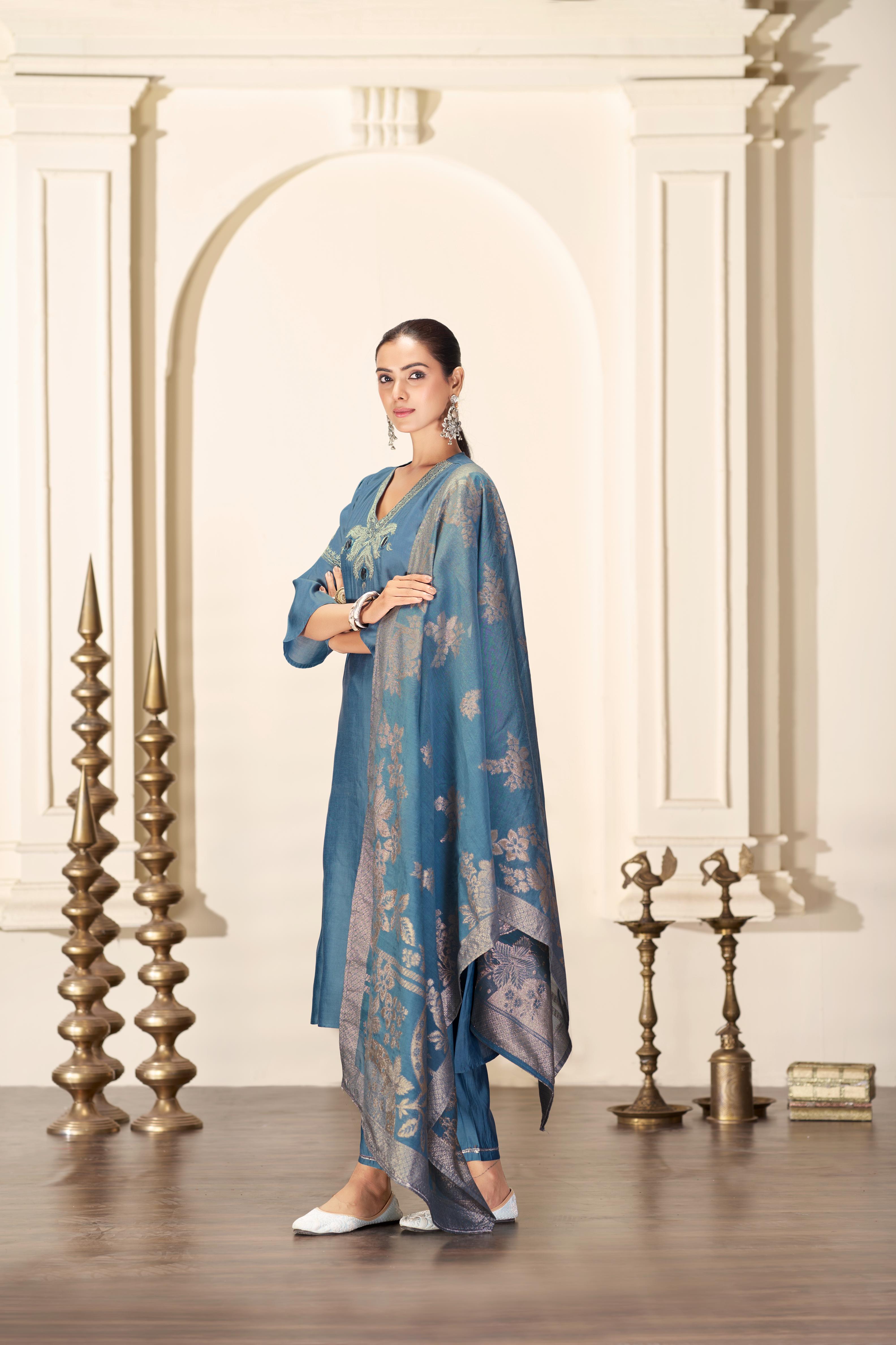 BulBul Shruti Iceblue Silk Kurta Set with Dupatta