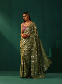 Thumbnail for trueBrowns Sage Green Cotton Silver Lurex Striped Ready to Wear Saree - Distacart