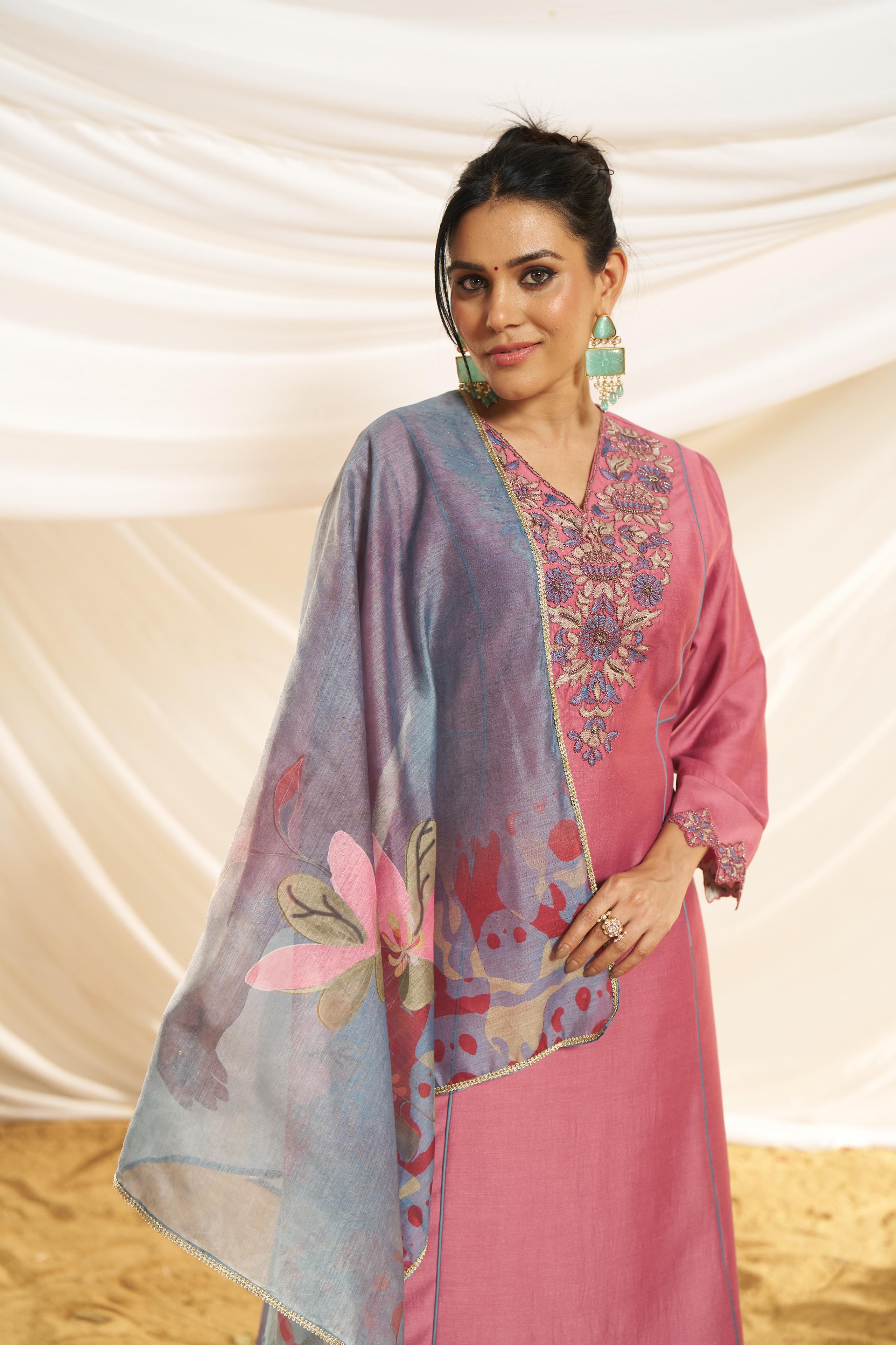 BulBul Women Dusty Pink Embroidered Premium Silk Straight-Shoulder Cut Suit With Dupatta