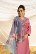 Thumbnail for BulBul Women Dusty Pink Embroidered Premium Silk Straight-Shoulder Cut Suit With Dupatta