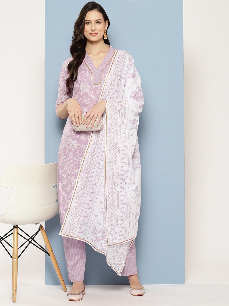 Ahalyaa Women Floral Printed Gotta Patti Pure Cotton Kurta with Trousers & With Dupatta - Distacart