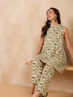 Thumbnail for InWeave Mehandi Green White Moroccan Print Round Neck Kurta Set