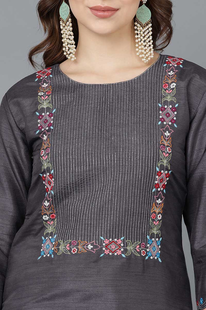 Ahika Women Charcoal Poly Silk Embroidered Kurta Trousers With Dupatta