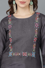 Thumbnail for Ahika Women Charcoal Poly Silk Embroidered Kurta Trousers With Dupatta