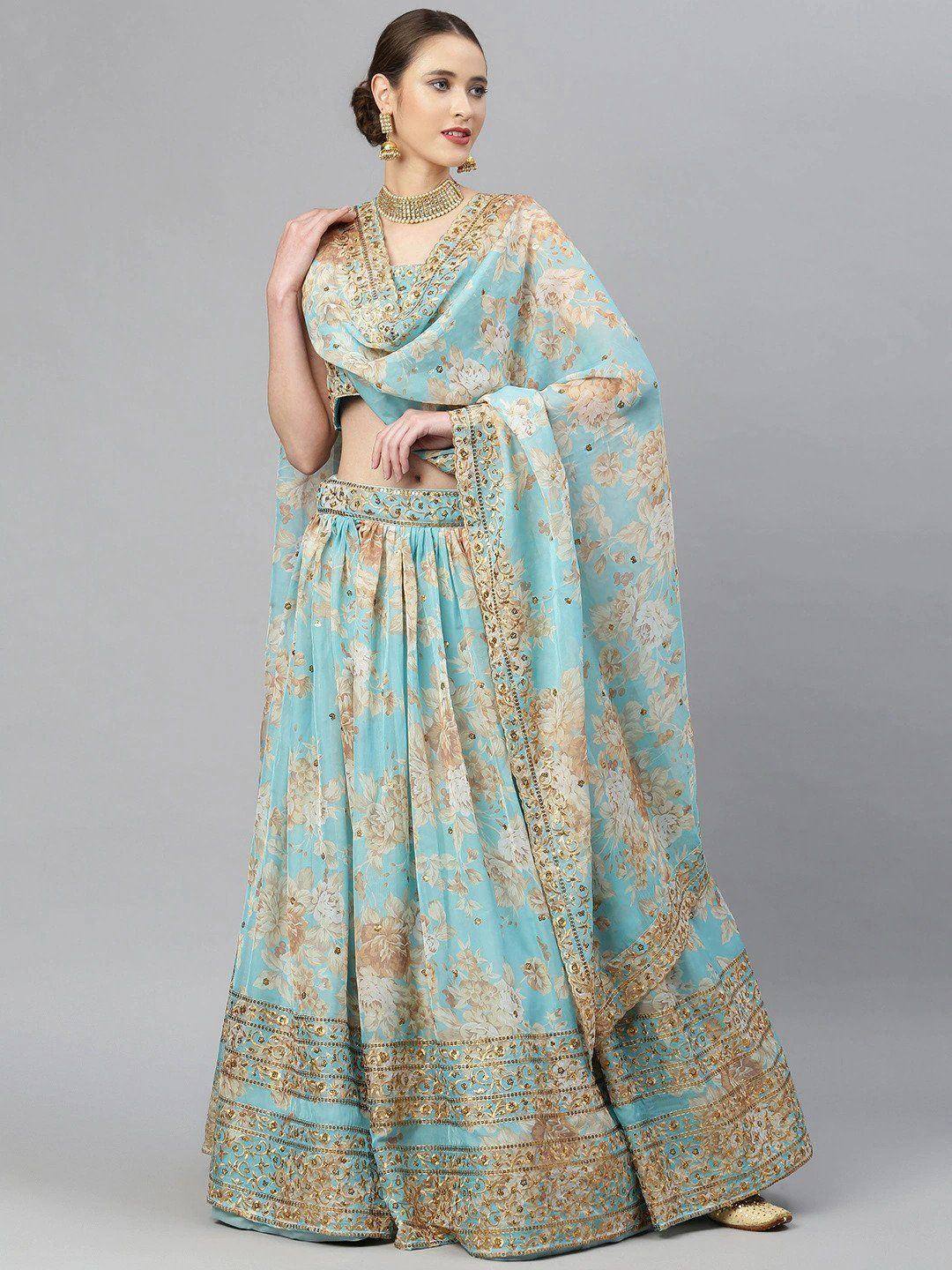 Tulsi Art Blue & Peach-Coloured Embellished Sequin Myntra Lehenga & Unstitched Blouse - Dista