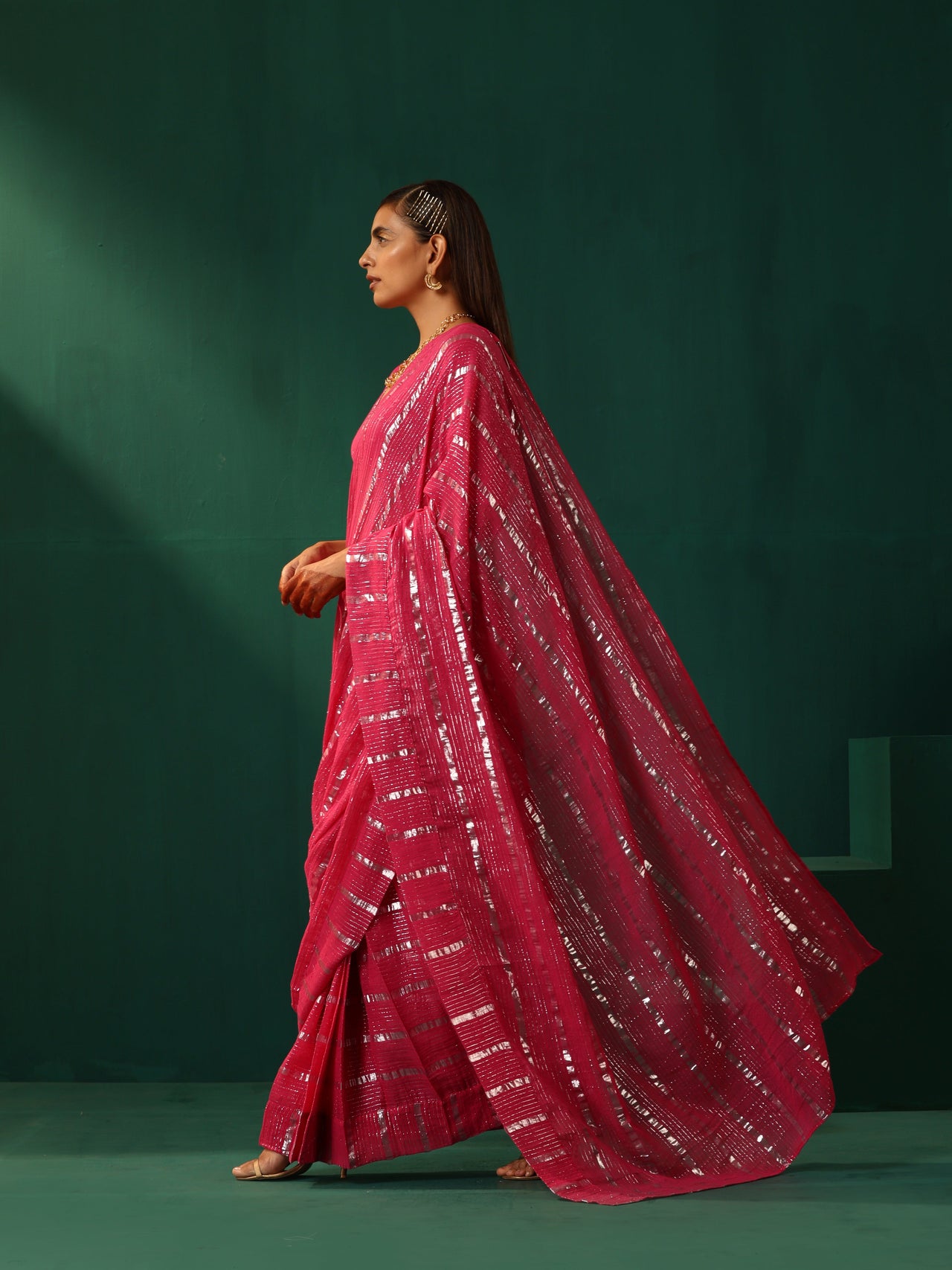 trueBrowns Rani Pink Cotton Silver Lurex Striped Ready to Wear Saree - Distacart