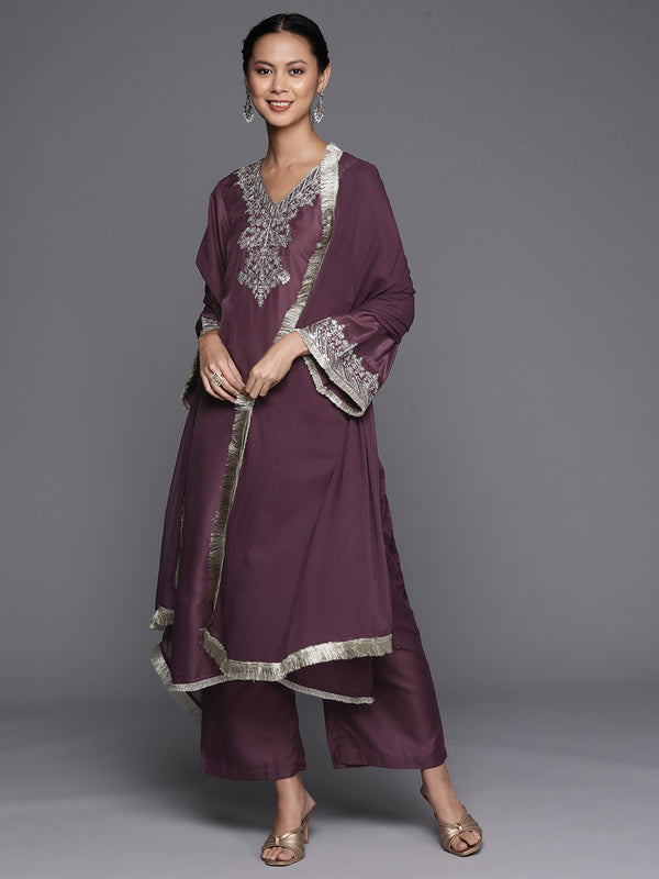 Varanga Mauve V-Neck Yoke Embroidered Straight Kurta With Fringes Hem Paired With Tonal Bottom And Tonal Dupatta With Fringes
