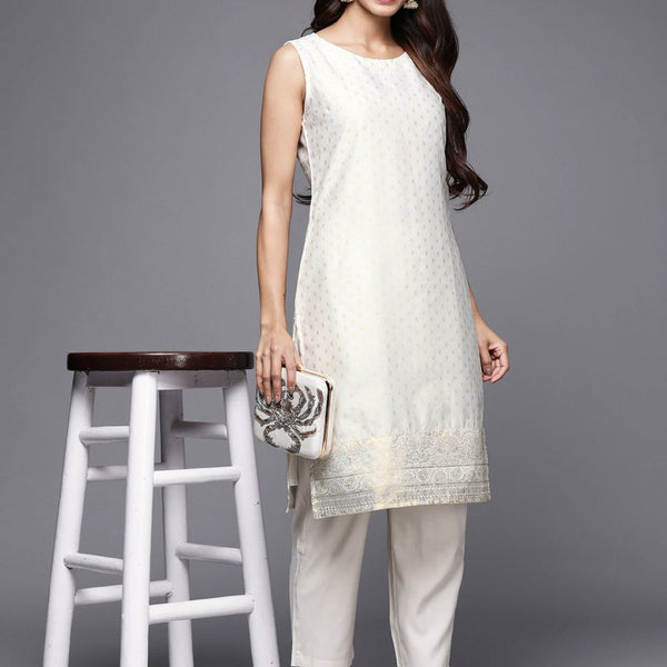 Ahalyaa Women Off White & Gold-Toned Geometric Printed Kurta - Distacart