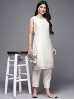Thumbnail for Ahalyaa Women Off White & Gold-Toned Geometric Printed Kurta - Distacart