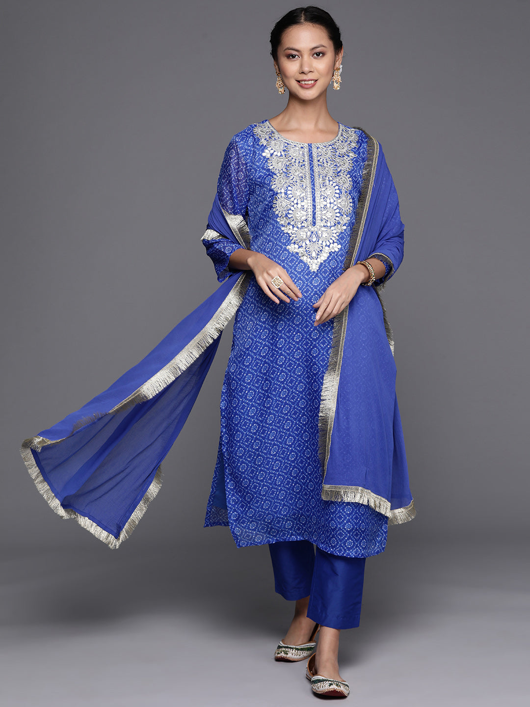 Varanga Blue Bandhani Printed, Gota Pati Embroidered Yoke Straight Kurta Paired With Tonal Bottom And Dupatta - Distacart
