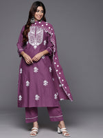 Thumbnail for Varanga Women Purple Thread Embroidered Kurta With Tonal Bottom And Dupatta - Distacart