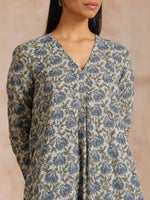Thumbnail for trueBrowns Blue Grey Overall Floral Block On White Print Cotton Kurta Pant Set - Distacart