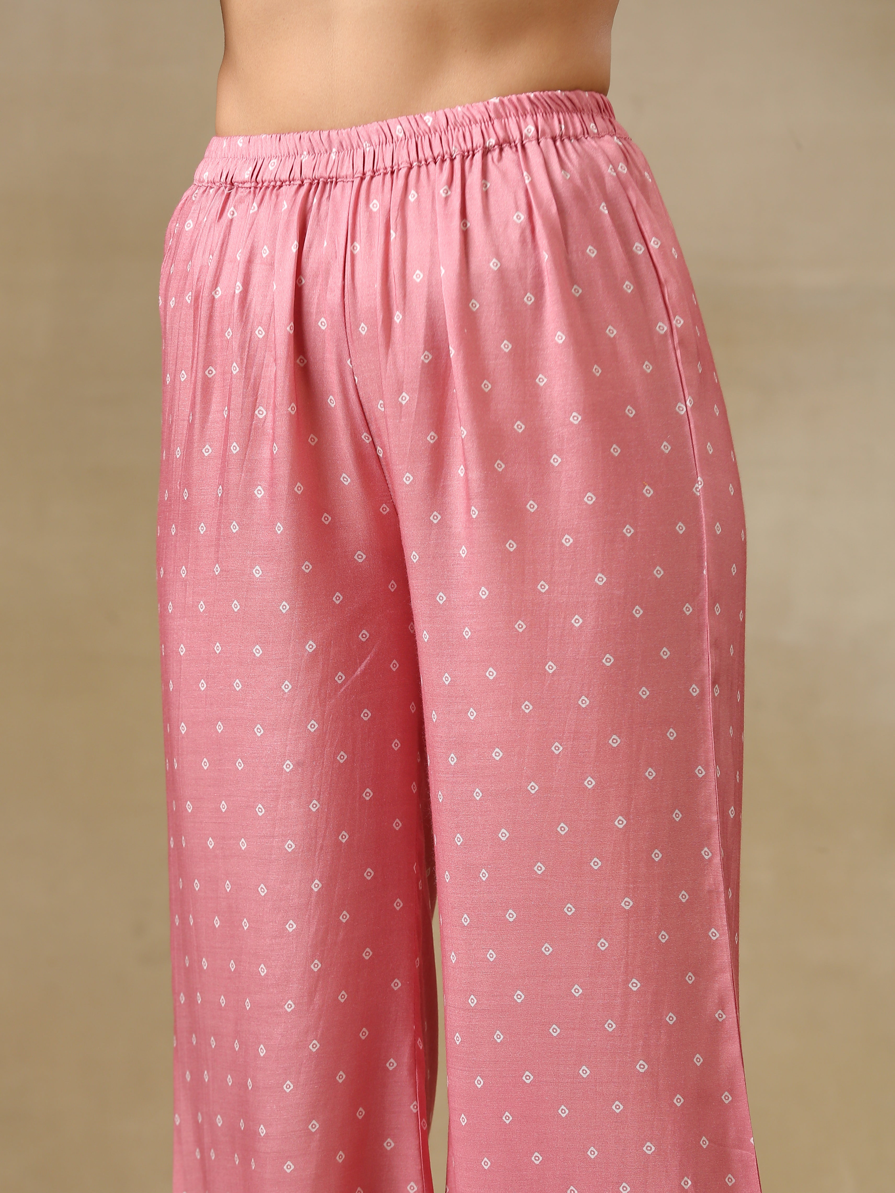 trueBrowns Light Mauve Bandhani Printed Silk Flared Kurta Pant Set - Distacart