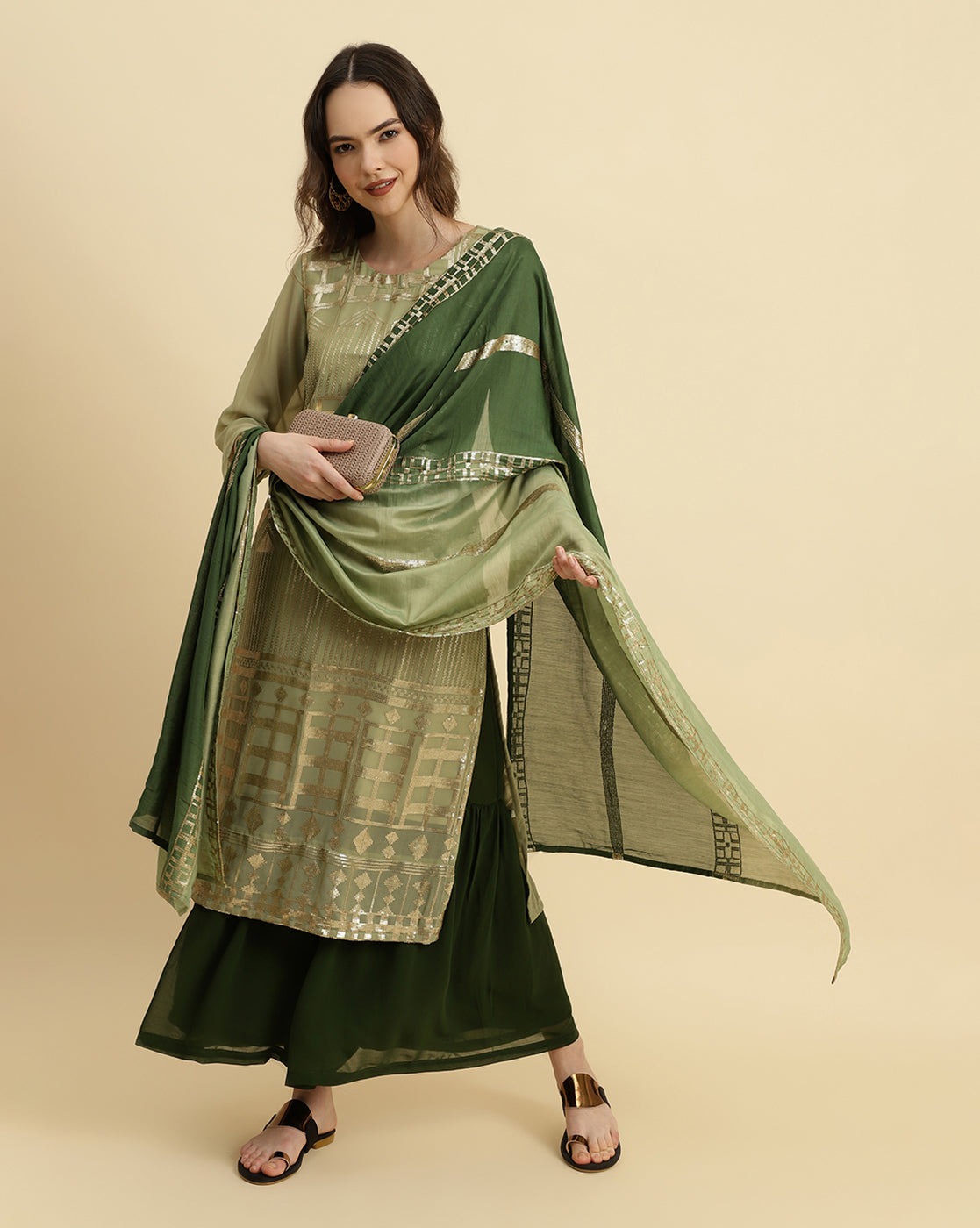 Varanga Green Sequened Kurta With Sharara And Sequened Ombre Dupatta