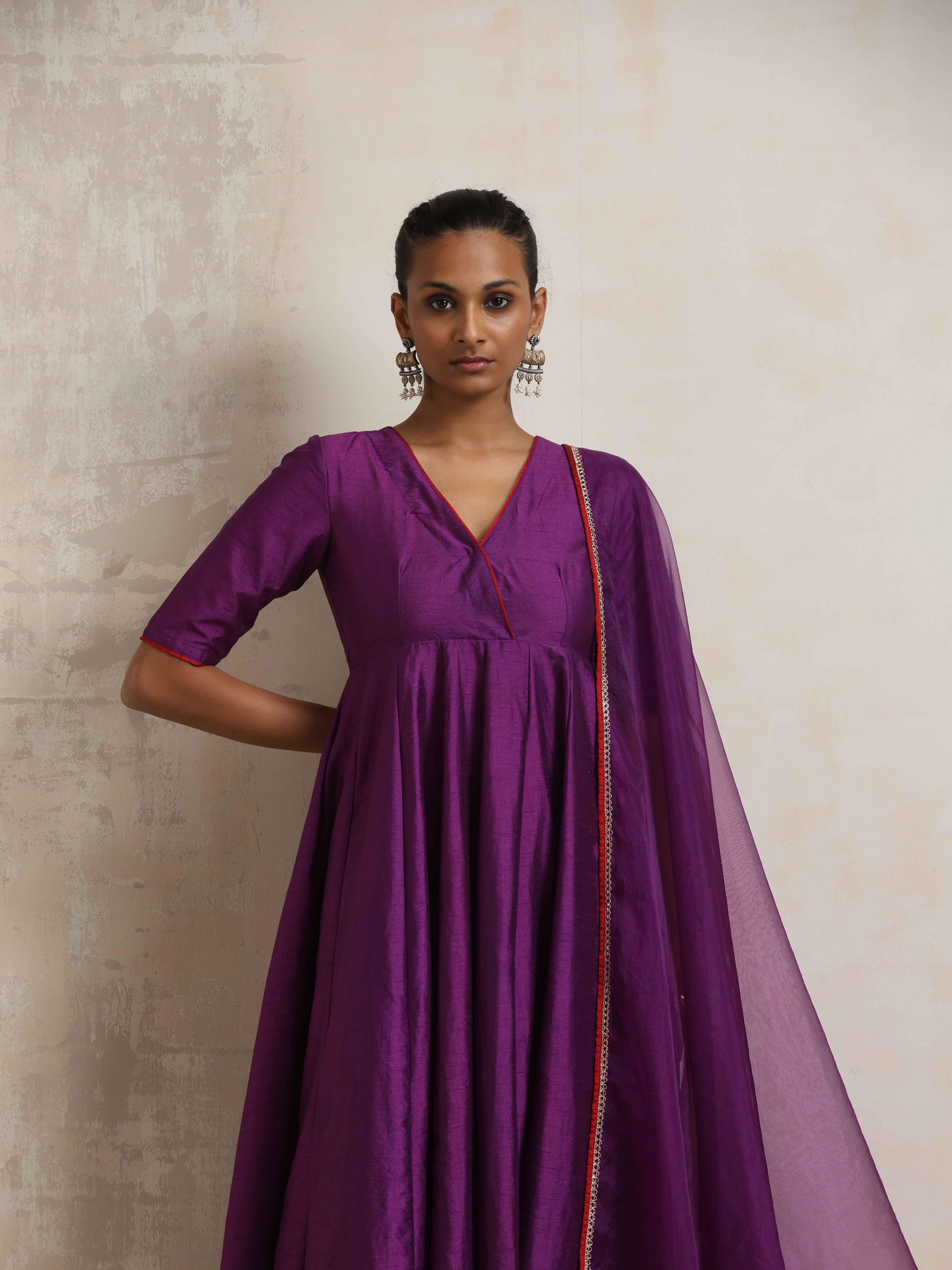 trueBrowns Purple Silk Anarkali Kurta Pant Dupatta Set - Distacart