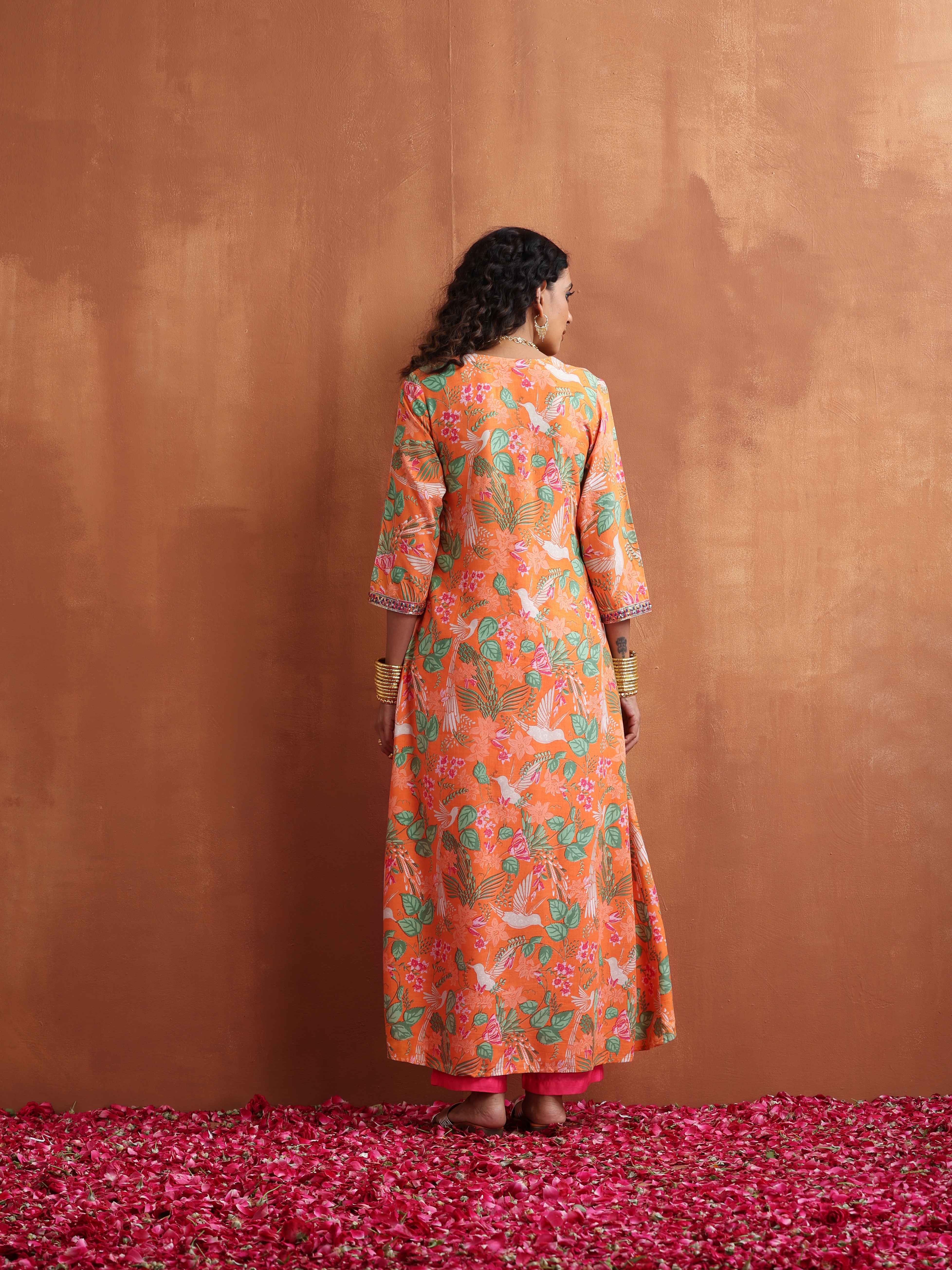 trueBrowns Orange Floral Print A-line Kurta Set - Distacart