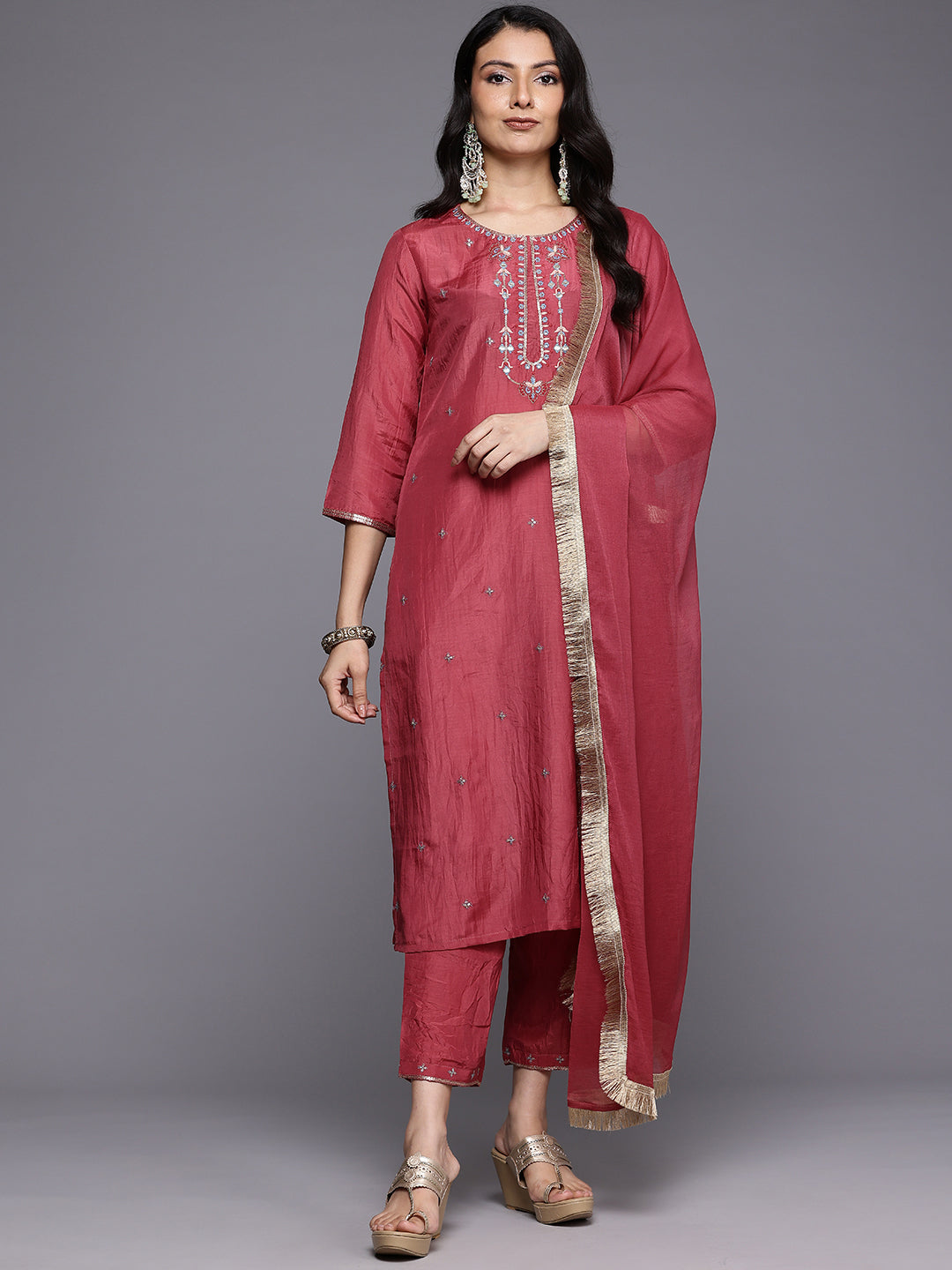Varanga Women Maroon Thread And Zari Embroidered Sequins Embellished Kurta Set With Dupatta - Distacart
