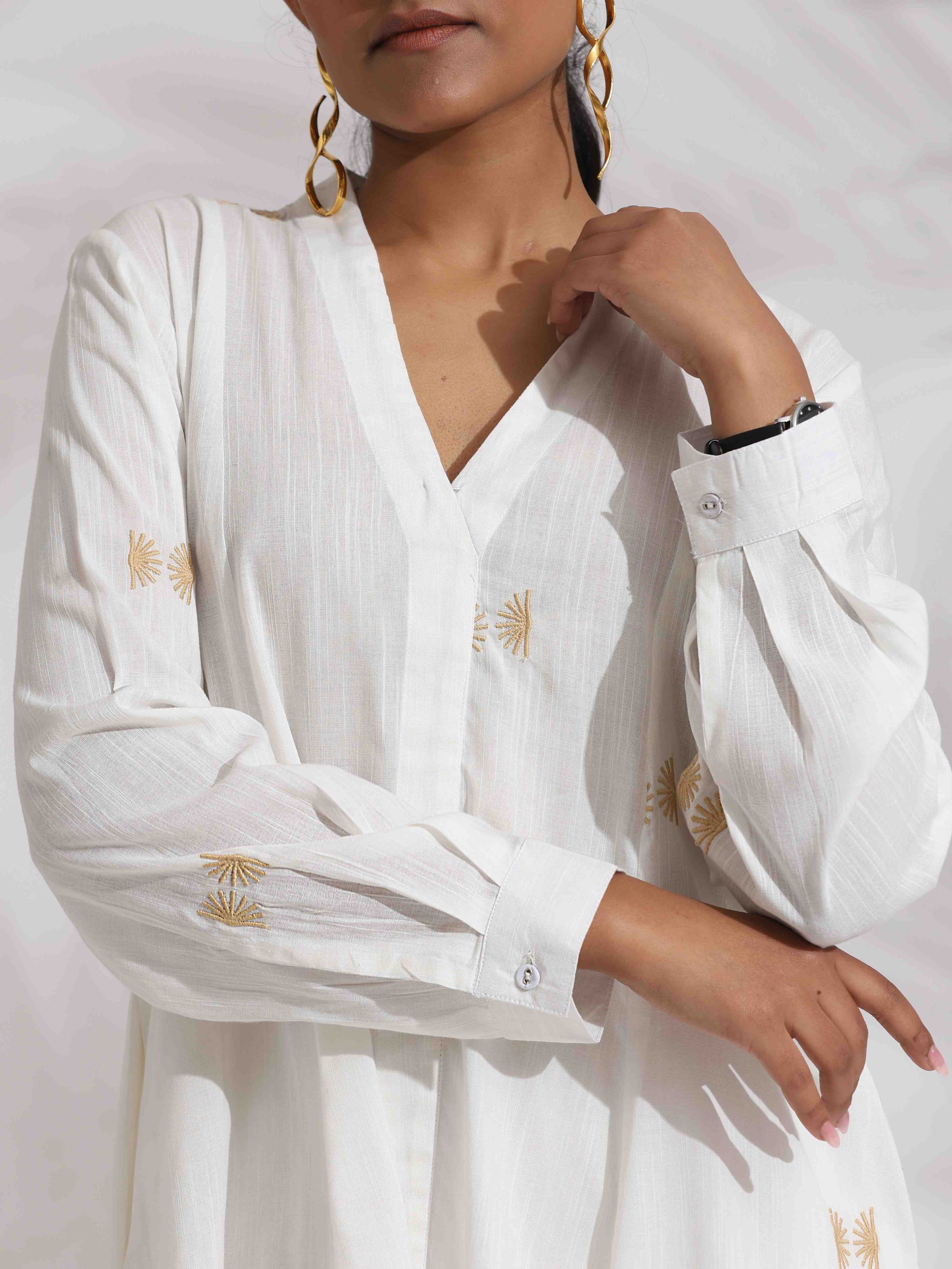 trueBrowns Off-White Cotton Embroidered A-line Co-ord Set
