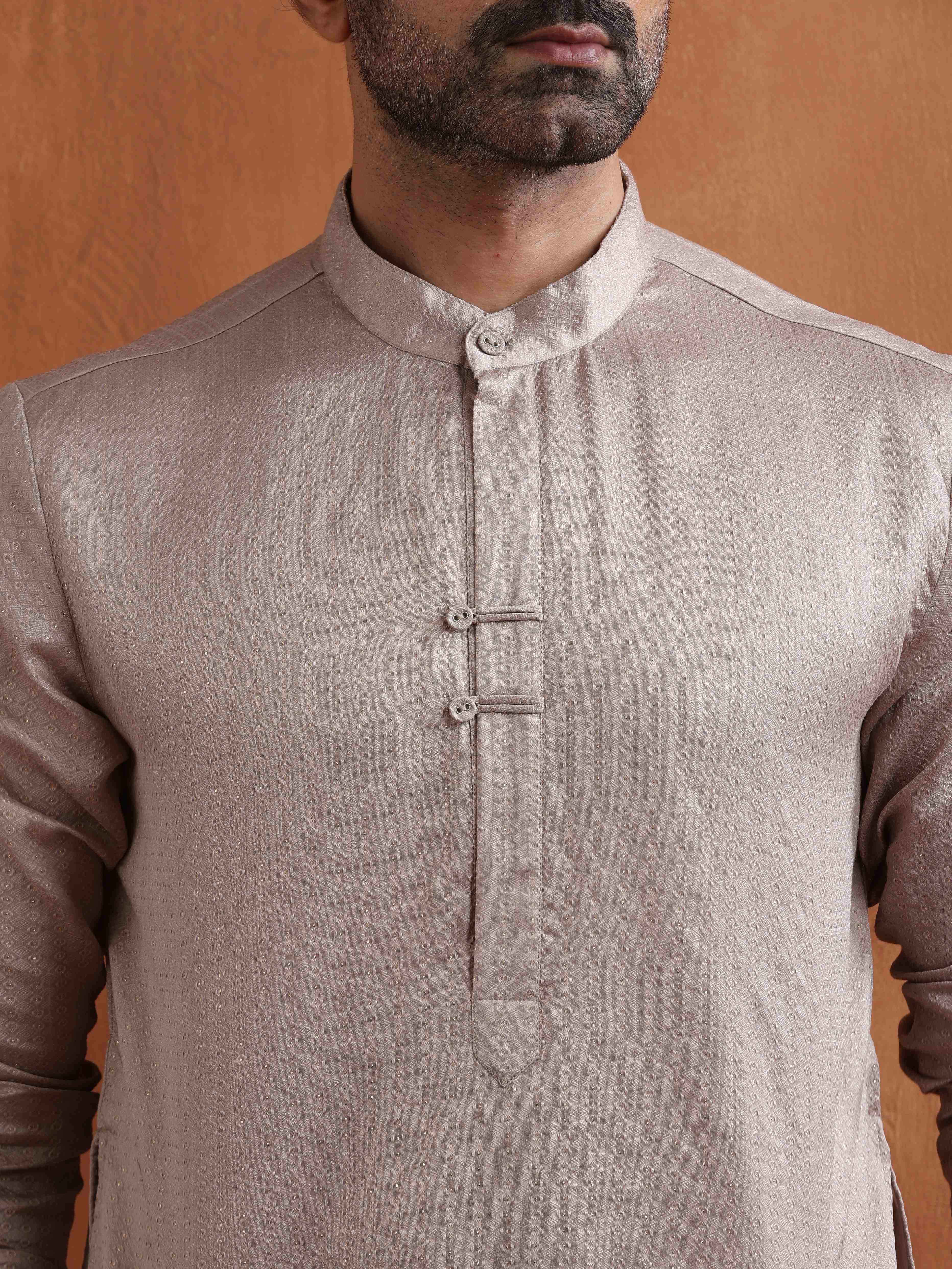 trueBrowns Men's Beige Sequin Chanderi Kurta
