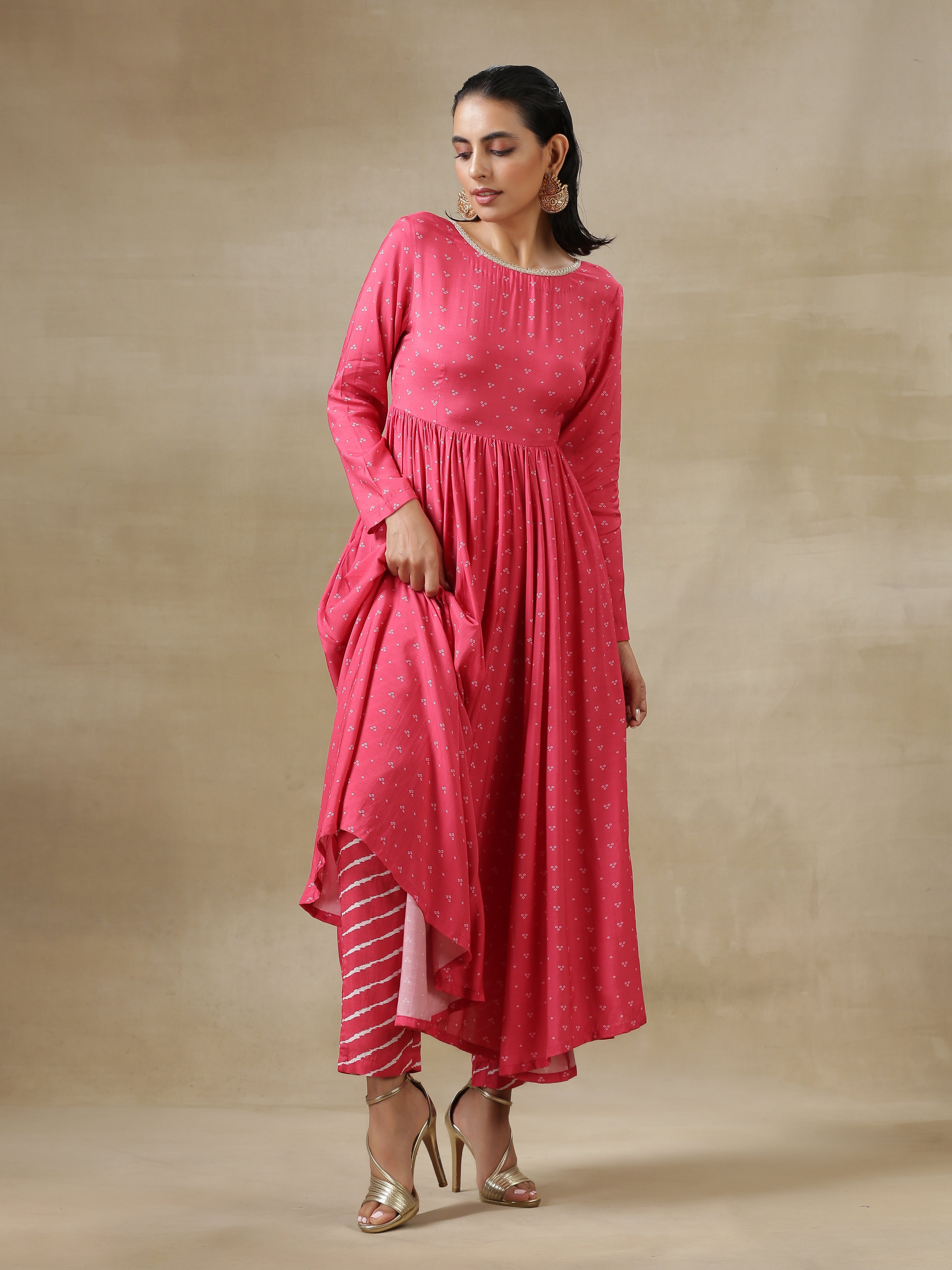 trueBrowns Pink Bandhani Printed Silk Anarkali Kurta Pant Dupatta Set - Distacart