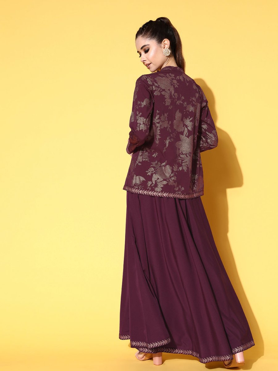 Ahalyaa Women Burgundy Top With Skirt & With Jacket - Distacart