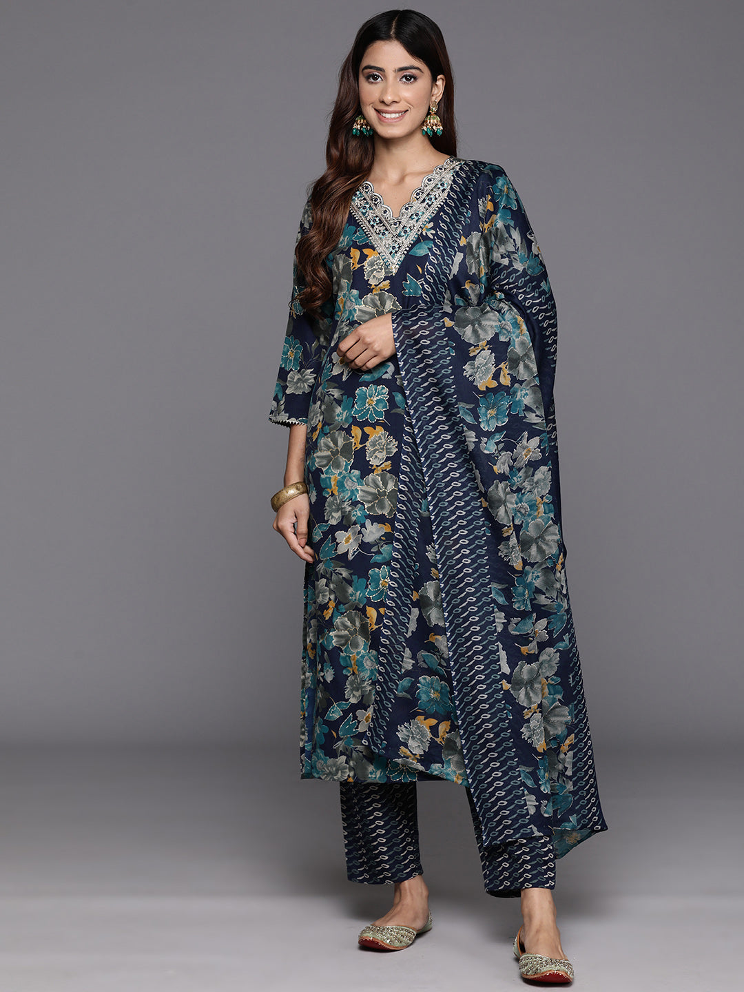 Varanga Women Blue Floral Print And Embroidered Kurta With Bottom And Dupatta - Distacart