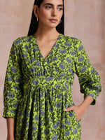 Thumbnail for trueBrowns Lime Green Overall Blue Floral Block Print Cotton Wrap Dress - Distacart