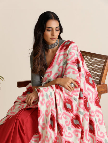 trueBrowns Maroon Grey Muslin Ikat Saree - Distacart