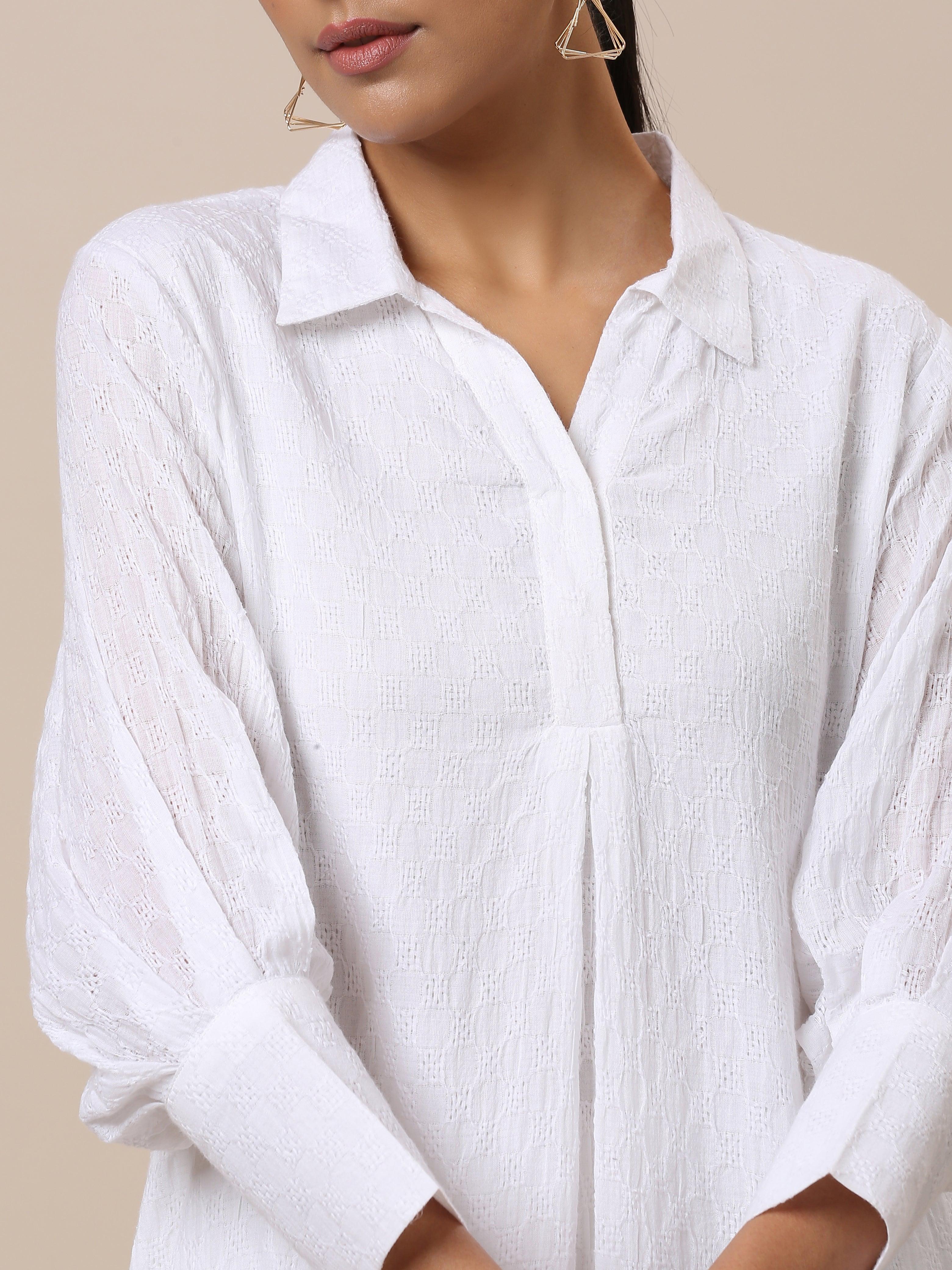 trueBrowns Cotton White Weave Collar Kurta Pant Set | Relove
