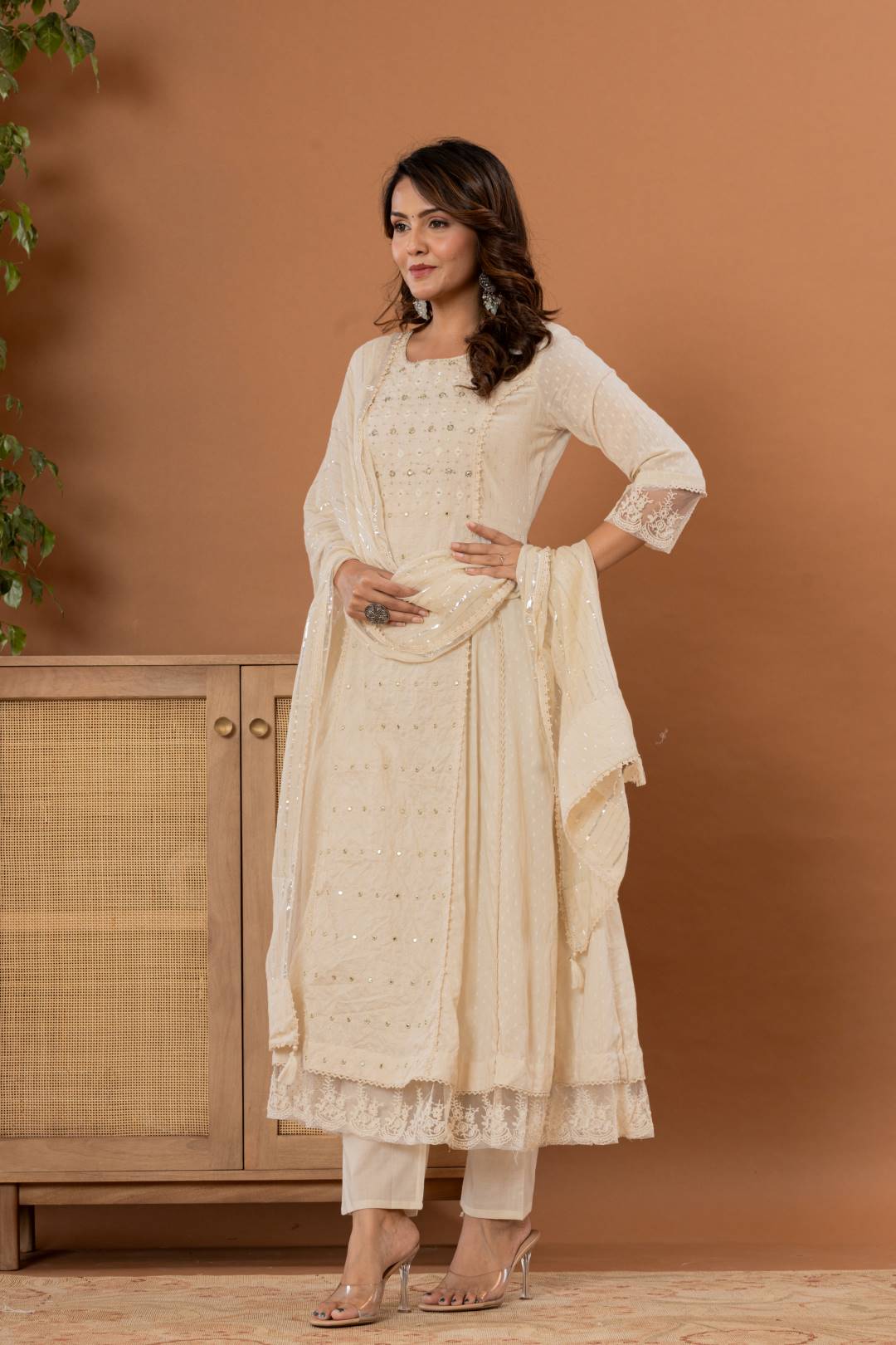 Varanga Women Off-White Mirror And Thread Work, Scallop Lace Anarkali Kurta Paired Wirh Embroidered Bottom And Dupatta - Distacart
