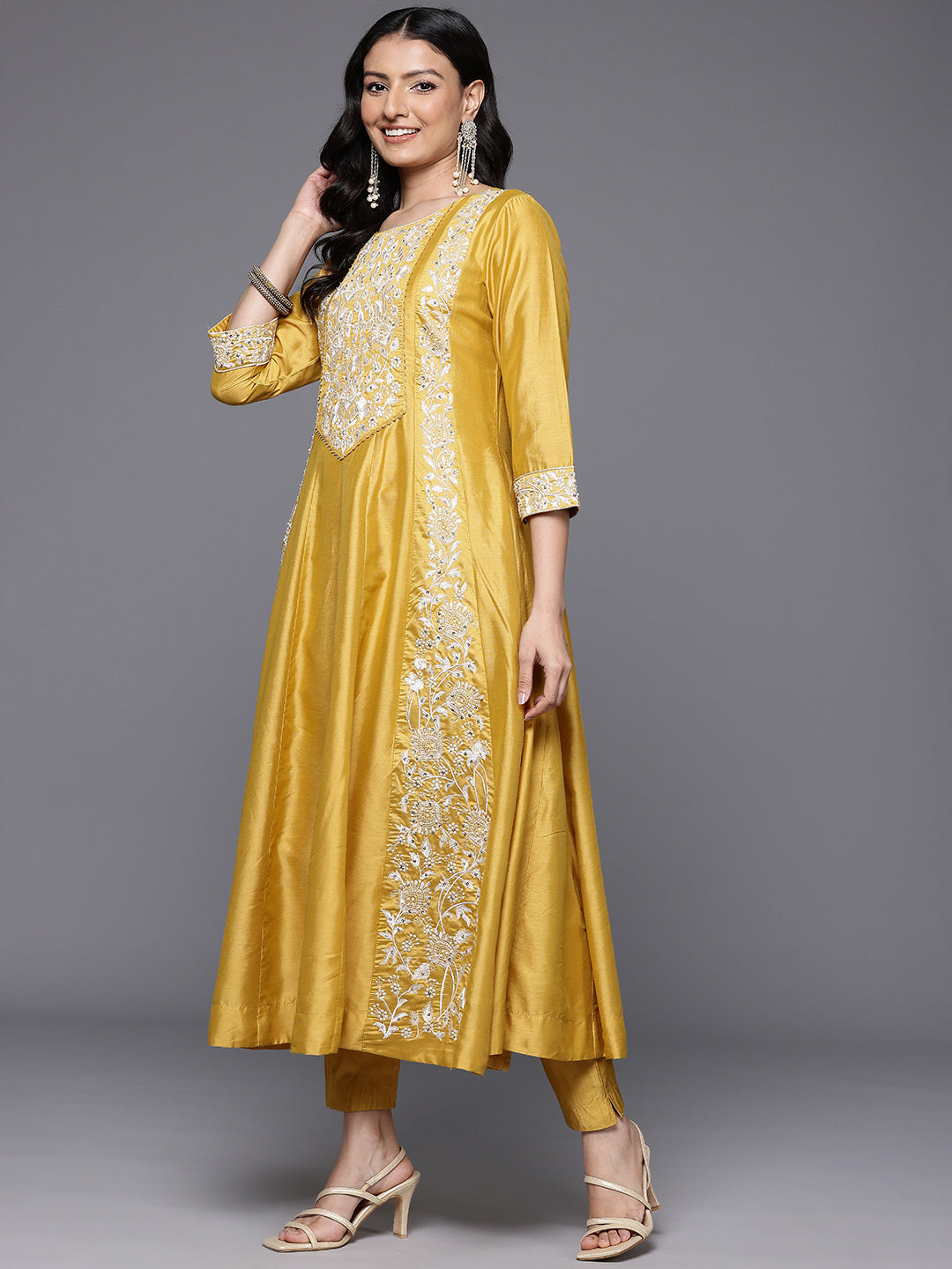 Varanga Women Yellow Floral Thread Embroidered Anarkali Kurta Paired With Bottom And Dupatta - Distacart